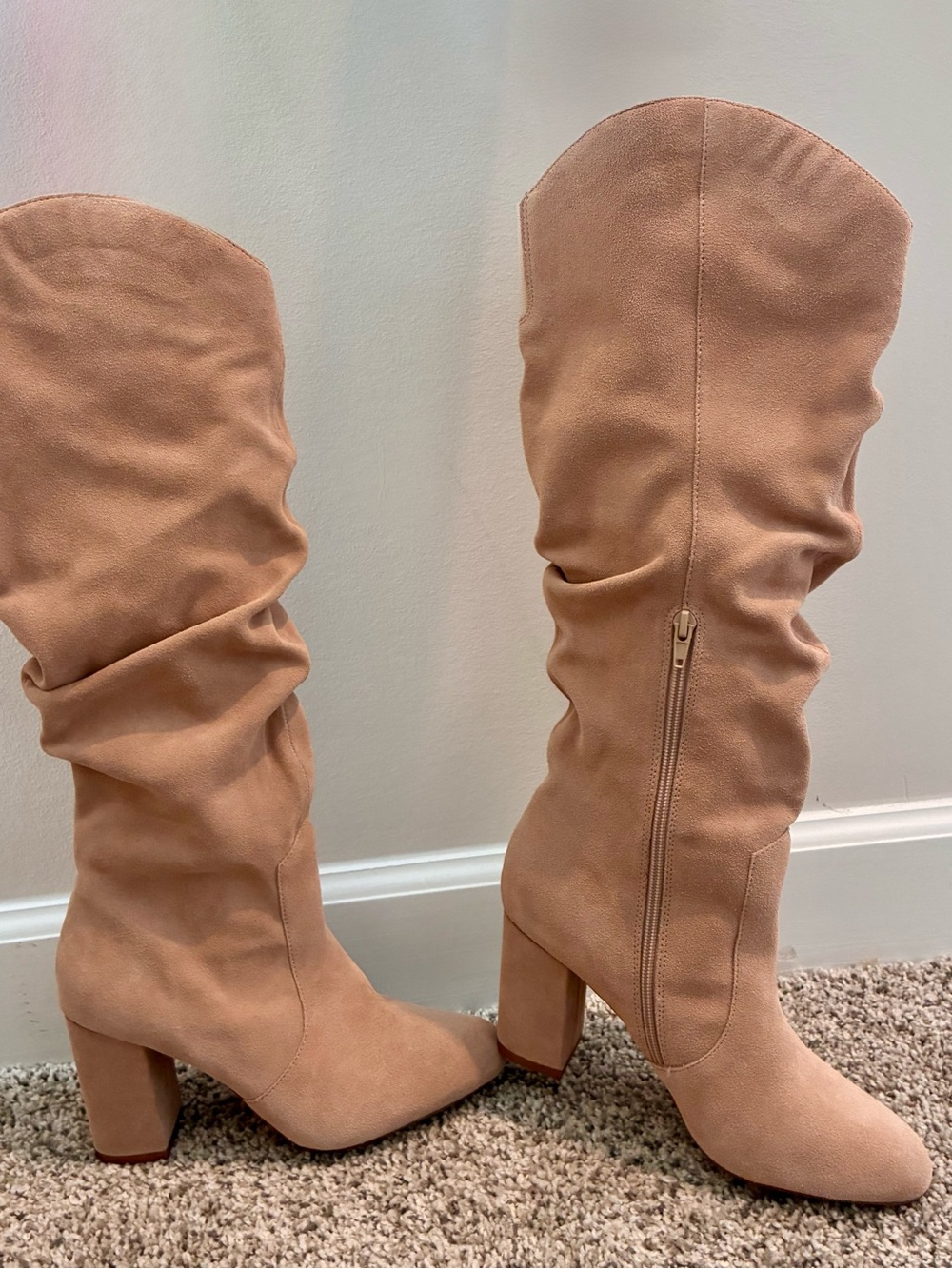 Laurie Felt “Bella” Slouchy Over-the-Knee Boots in Nude/Tan